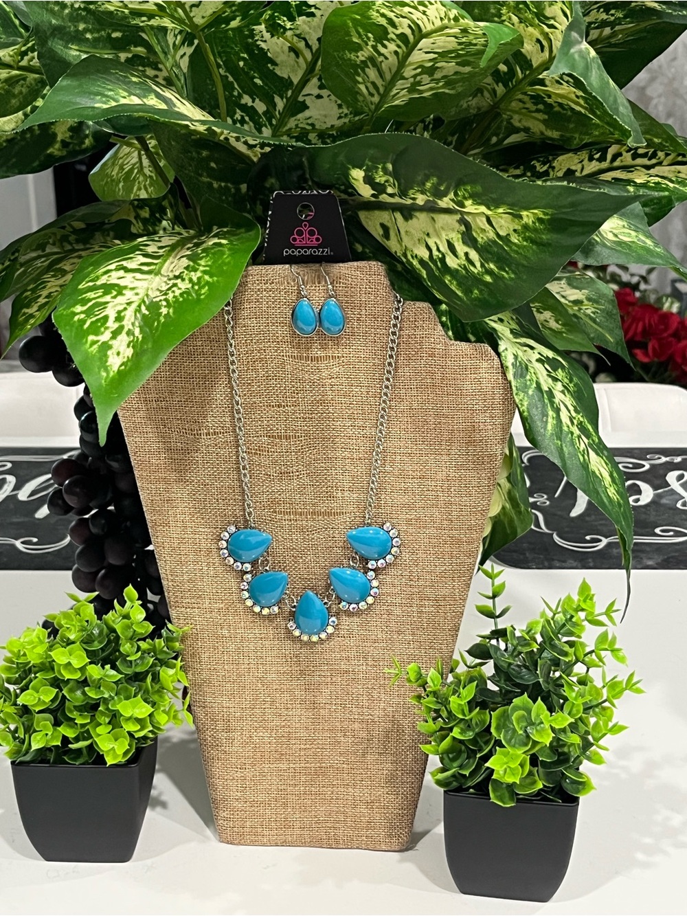 paparazzi Turquoise Teardrop Bib Necklace and Earring Set